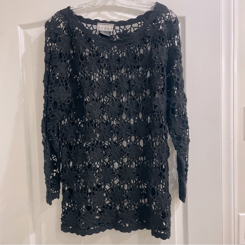 Vintage Kenar Beautiful Flower Crochet L/S Tunic in Black Size M
